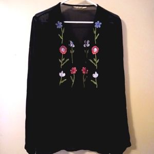 Putumayo Black Embroidered Sheer Boho Blouse Size Small